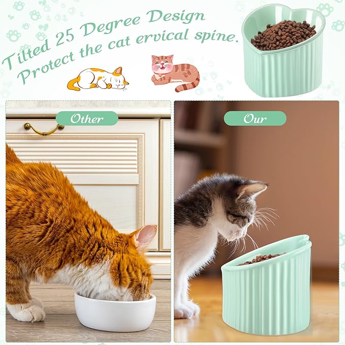 Mumufy 2 Pcs Ceramic Elevated Cat Bowls Tilted Elevated Raised Pet Bowls Anti Vomit Cat Dish for Indoor Stress Free Water Dish Feeder for Puppies, Heart Shaped(Grass Green)