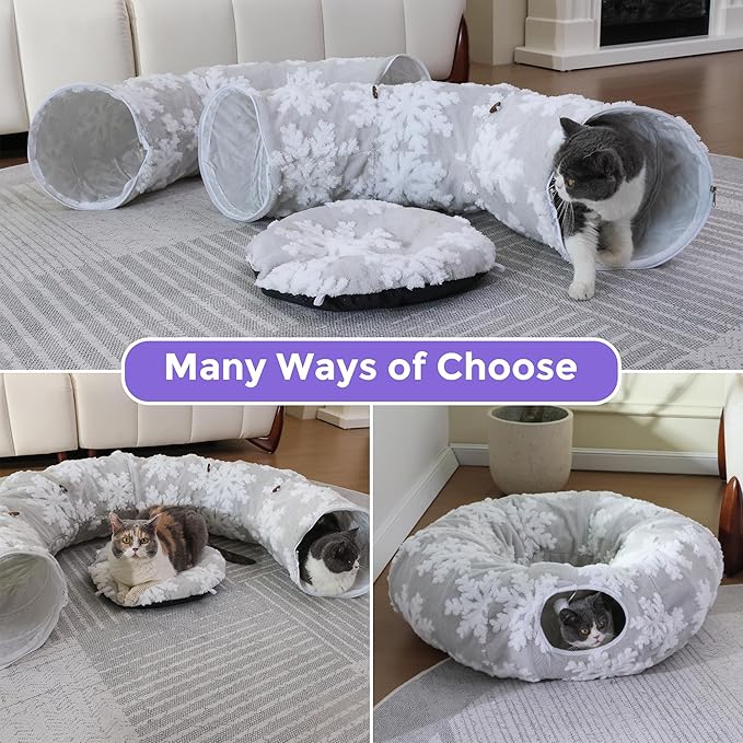 Cat Tunnel with Bed – Soft Plush Peekaboo Donut Cave for Indoor Cats | Under Christmas Tree Hideaway & Multifunctional Playground Toy for Kittens, Rabbits, Ferrets (Short-Pile Fabric Snowflake)