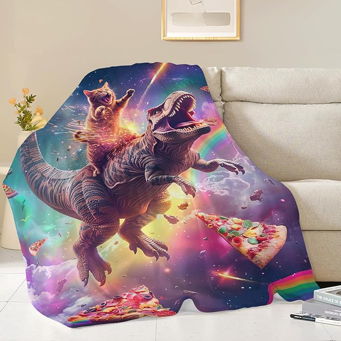 Funny Dinosaur and Cat Blanket Universe Rainbow Pizza Dino Cat Throw Blanket Gifts for Girls Women Kids Adults Super Soft Cozy Plush Fluffy Fuzzy Fleece Blanket Home Decor 50''X60''