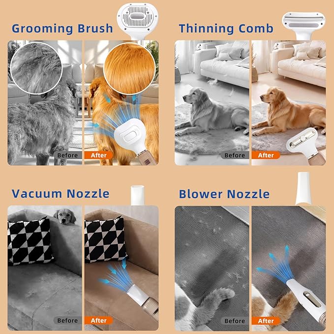 Vacuum Grooming Brush for Dog,4-In-1 Slicker Brush Kit for Shedding, Undercoat Deshedding Tool,Loose Hair Remover for Dog & Cat, Portable Pet Grooming Vacuum (white)