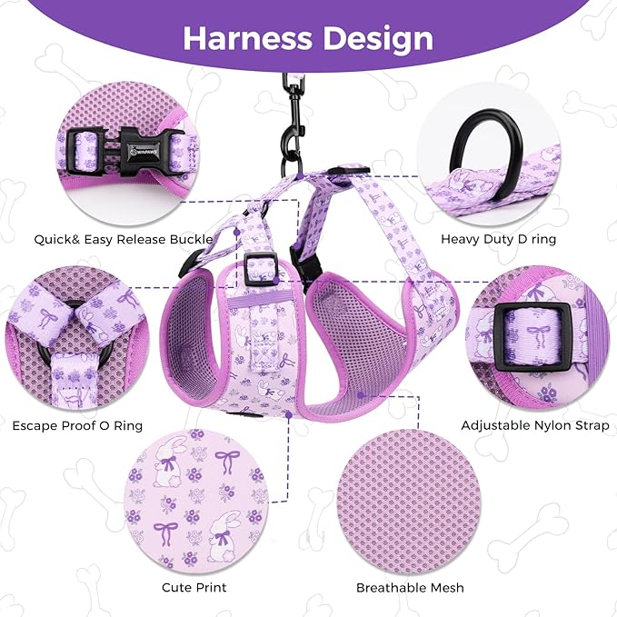 Dog Harness and Leash Collar Set with Dog Poop Bag Holder and Bandanas, Escape Proof Adjustable Puppy Cat Vest with Soft Mesh Padded, Pet Supplies for Small Medium Large Dogs Kitten(Purple, M)