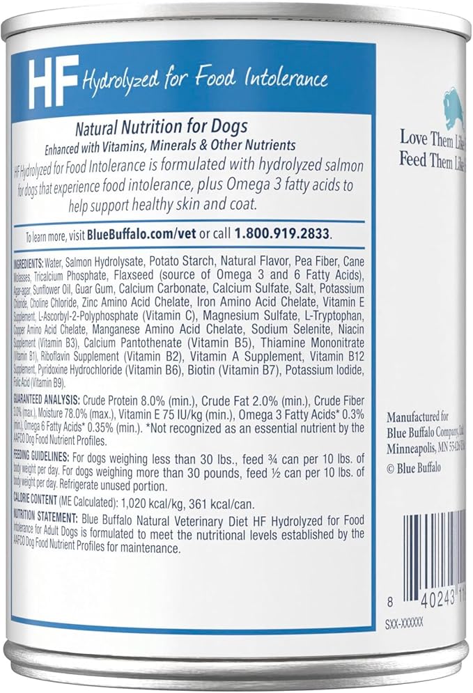 Blue Buffalo Natural Veterinary Diet HF Hydrolyzed for Food Intolerance Wet Dog Food, Veterinarian Prescription Required, Salmon Recipe, 12.5-oz. Cans (12 Count)
