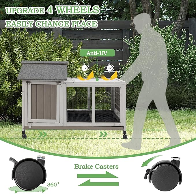 Gowoodhut 38.19"L Rabbit Hutch Indoor and Outdoor with 4 Wheels,Wooden Rabbit Cage with Pull Out Leak-Proof Tray for 1-2 Rabbits,Bunny Hutch with Asphalt Roof Suitable for Garden,Park,Living Room,Grey