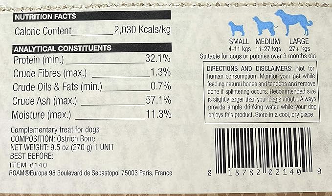ROAM Pet Treats Ostrich Bones for Dogs Femur Bone and XL Marrow Dog Bone Pack of 2 for Large Breeds – Long Lasting Ostrich Dog Bones