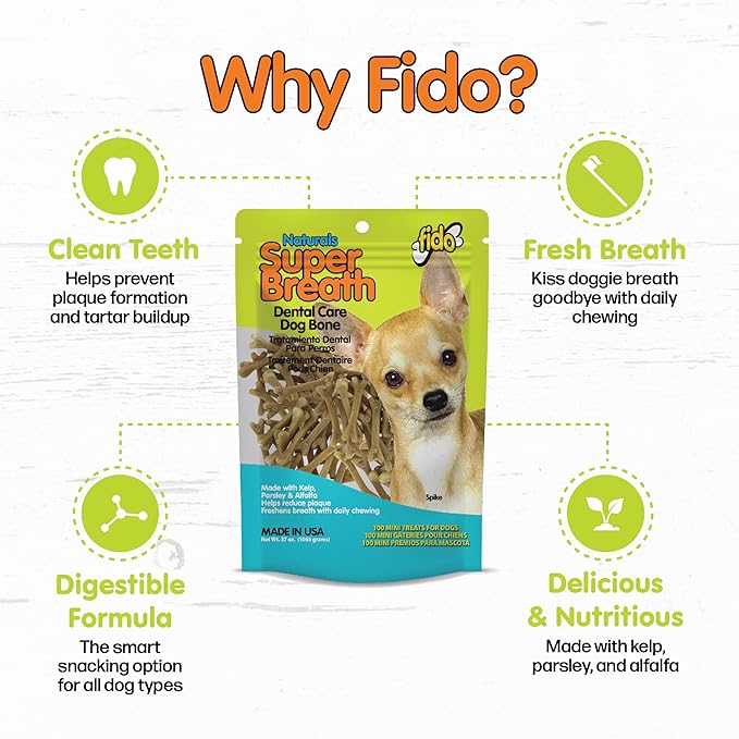 FIDO - Super Breath Dental Care Bones for Dogs - 100 Count Mini Dog Dental Treats for Extra Small Dogs, Made in USA, Tasty Dog Dental Chews Help Reduce Plaque, Tartar Buildup & Freshens Breath