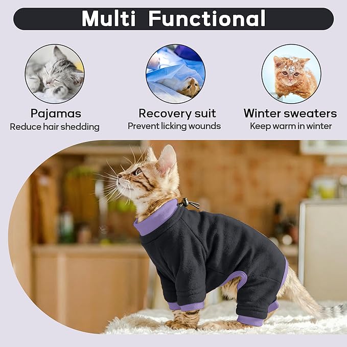 PUMYPOREITY Sticky Hair Cat Clothes, Prevent Hair Loss Cat Pajamas, Soft Cat Sweaters for Cats Only, Cat Hair Sticky Onesie, Cat Recovery Suit After Surgery, Black, L