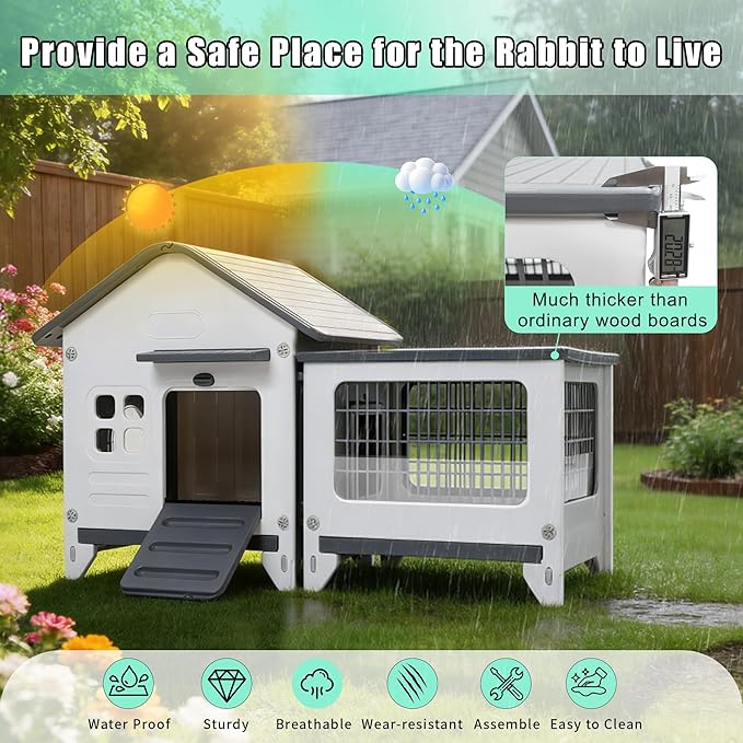 Rabbit Hutch Indoor & Outdoor with Extended Play Area, Plastic Rabbit Hutch with Sloped Roof Drainage, Panoramic Windows, Urine Barrier & Pull-Out Tray, Rabbit Cage Easy to Clean and Assemble