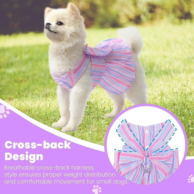 Pet Dog Harness Dress, Cute Striped Pattern with Bow, Princess Puppy Dresses with Button Closure, Summer Dog Clothes for Small Dogs Girl (Purple, Small)