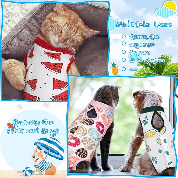 Nuanchu 3 Pieces Cat Recovery Suit Kitten Recovery Suit E-Collar Alternative for Cats and Dogs Abdominal Skin Anti Licking Pajama Clothes Sets(Medium,Watermelon Style,Colorful)
