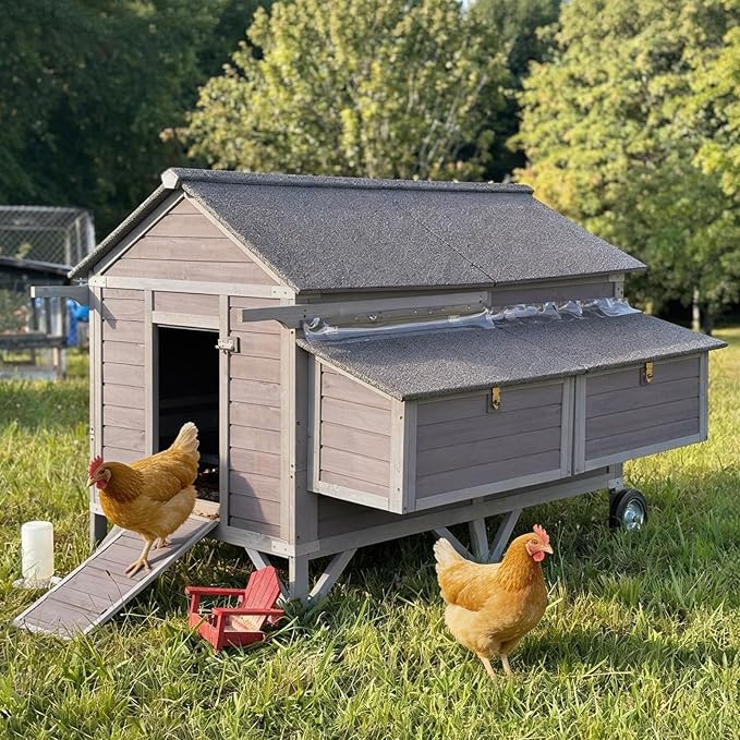 Mobile Chicken Coop with Wheels, Large 16.4ft² Chicken House for 6-8 Chickens, Weatherproof Chicken Tractor, with Nesting Boxes & Foldable Ramp, Easy Clean with Pull-Out Metal Trays