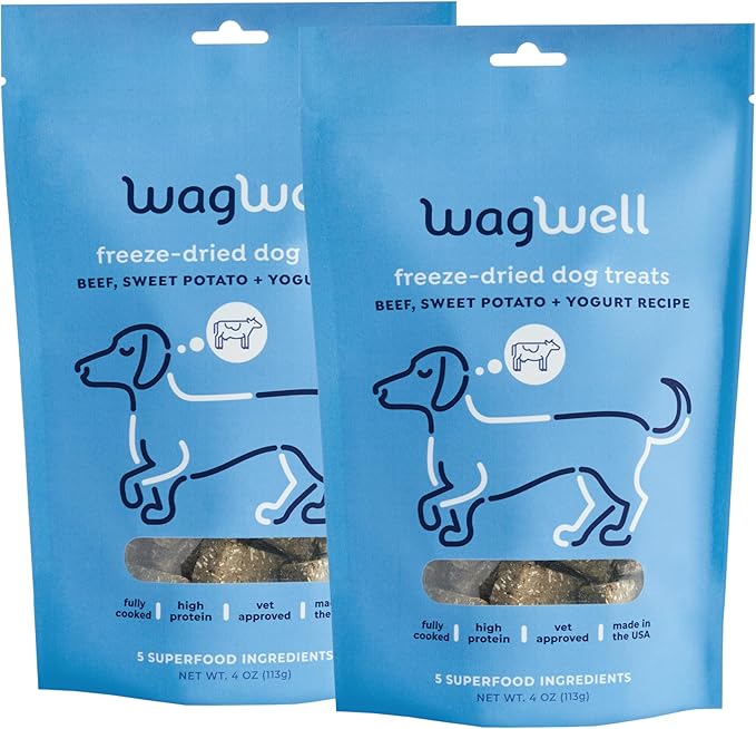 WagWell Freeze Dried Dog Treats, Beef + Yogurt + Sweet Potato Flavor | Training Treats, Food Topper, Healthy Snack for Dogs | Human Grade, Grain Free, High Protein | Made in USA | 4 oz Bag, 2 Pack