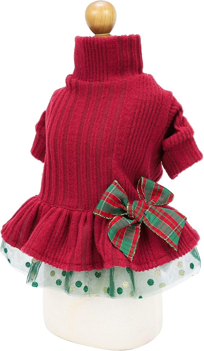 Fitwarm Dog Christmas Outfit - Knitted Tulle Sweater Dress for Small Dogs, Female Puppies - Red & Green, XS