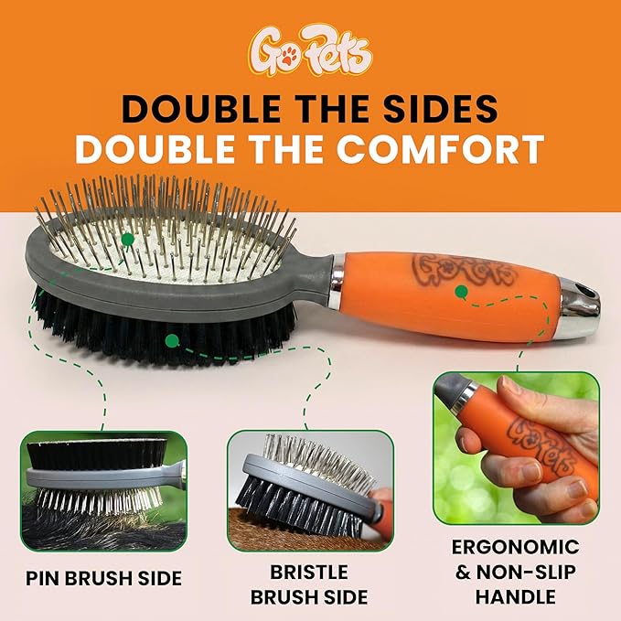 GoPets Double-Sided Pin & Bristle Brush, Dog & Cat Grooming Brush for Detangling, Shedding Control, Fur & Dirt Removal, Smooth & Efficient Pet Grooming for Healthy Coat, Comfortable Ergonomic Handle