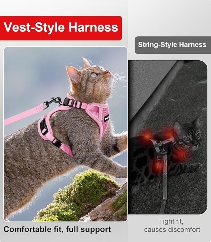 Cat Harness and Leash for Walking Escape Proof Soft Adjustable Cat Leash Breathable Comfortable Vest Easy to Wear Kitten Harness for Outdoor Travel (Pink, S (7-12lb))