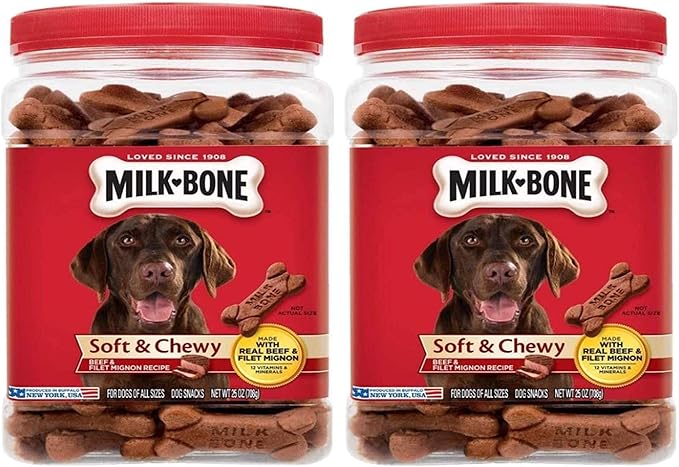 Milk-Bone Soft & Chewy Dog Treats, Beef & Filet Mignon, 25 Ounce Jar (Pack of 2)