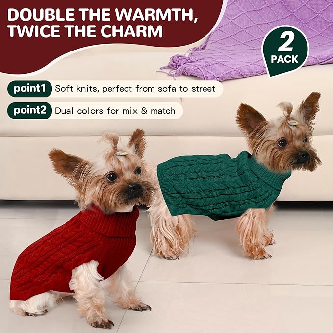 2 Pack Dog Sweaters for Small Dogs Winter Turtleneck Pullover Cable Knit Fleece Stretch Puppy Doggie Chihuahua Toy Poodle Yorkie Pomeranian Boy Girl Pet Clothes (S, Red & Green)