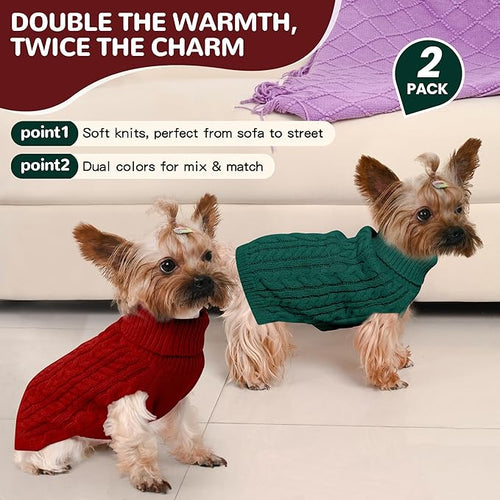 2 Pack Dog Sweaters for Small Dogs Winter Turtleneck Pullover Cable Knit Fleece Stretch Puppy Doggie Chihuahua Toy Poodle Yorkie Pomeranian Boy Girl Pet Clothes (S, Red & Green)