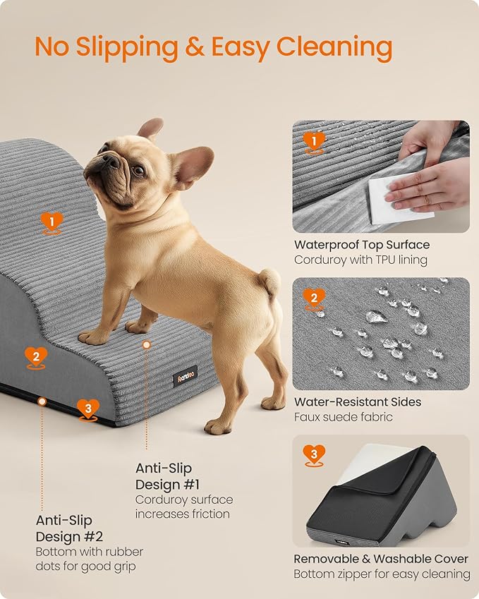Feandrea 3-Step Dog Stairs, Dog Steps for Bed, Sofa, Waterproof Pet Stairs with Anti-Slip Designs, Gentle Slope, Removable Washable Cover, Handle, Dove Gray UPPS003G01