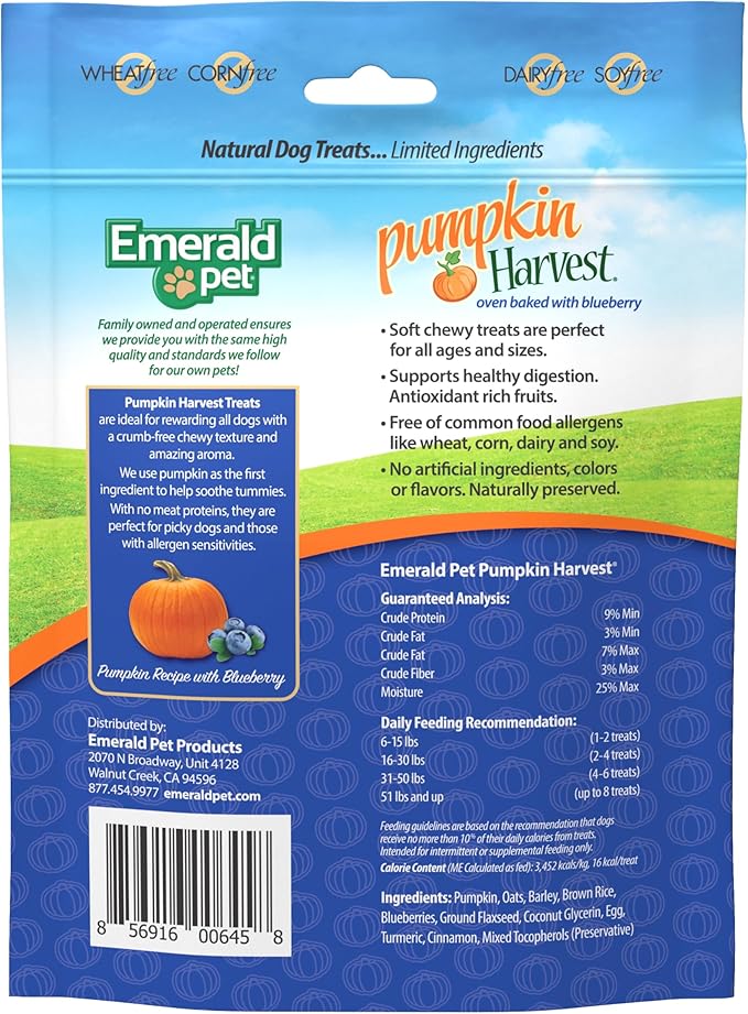 Emerald Pet Pumpkin Harvest Dog Treats - Low-Fat Chewy Natural Dog Treats with Pumpkin for Digestive Health - Meat Free, Poultry Free, Wheat Free - Blueberry, 6 oz