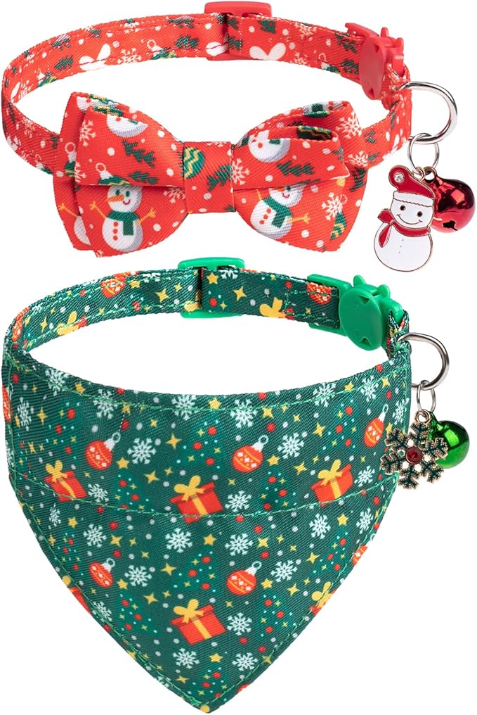 EXPAWLORER Christmas Cat Collar Breakaway with Removable Bowtie and Bandana, Adjustable Holiday Cute Kitten Collar with Bell, Ideal Festival Xmas Decoration Gift for Girl Boy Cats Puppies, 2 Pack