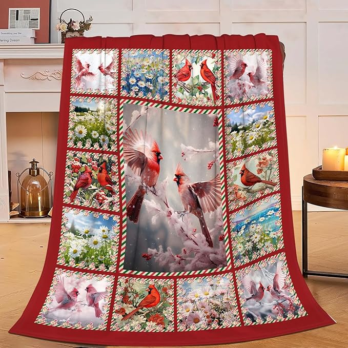 Cardinal Blanket Red Birds Throw Blanket Gifts for Women Men Boys Girls Kids Adults Super Soft Cozy Plush Fluffy Fuzzy Fleece Blanket Home Decor 60''X80''