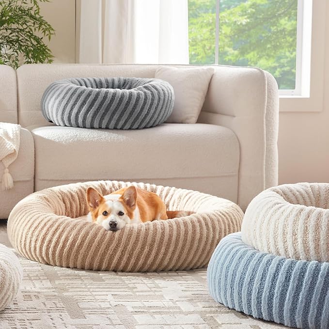 MIXJOY Dog Beds for Small Dogs Cats, Washable Small Dog Bed with Removable Cover, Donut Cat Bed for Indoor Cats, Calming Fluffy Round Pet Beds with Anti Slip Bottom, Cute Puppy Beds, 23"x23"x8", Beige