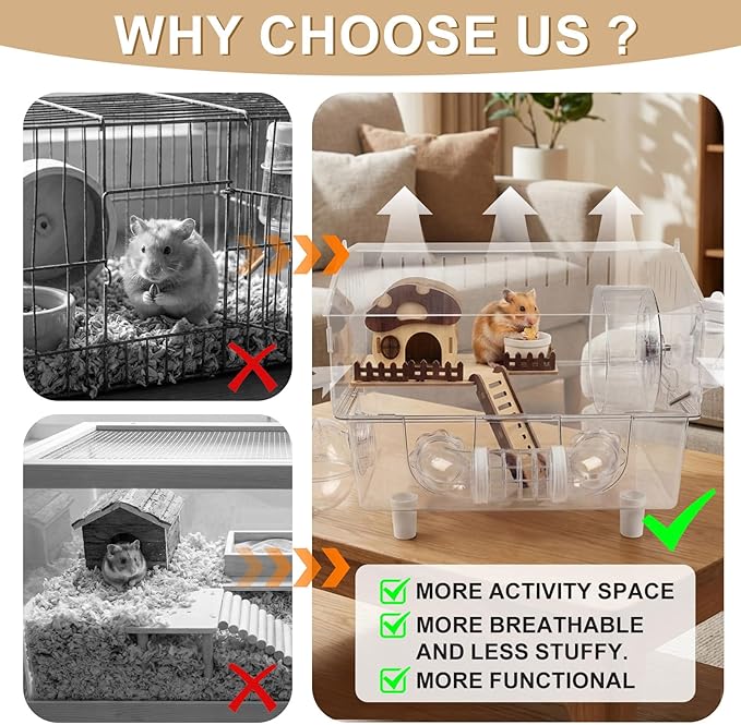 Loungewave Acrylic Hamster Cage, 8 in 1 Gerbil Cage with Accessories, Dwarf Hamster Cage with Full Transparent Viewing, Clear View Inside Easy to Clean, Excellent Ventilation, Mushroom House Style