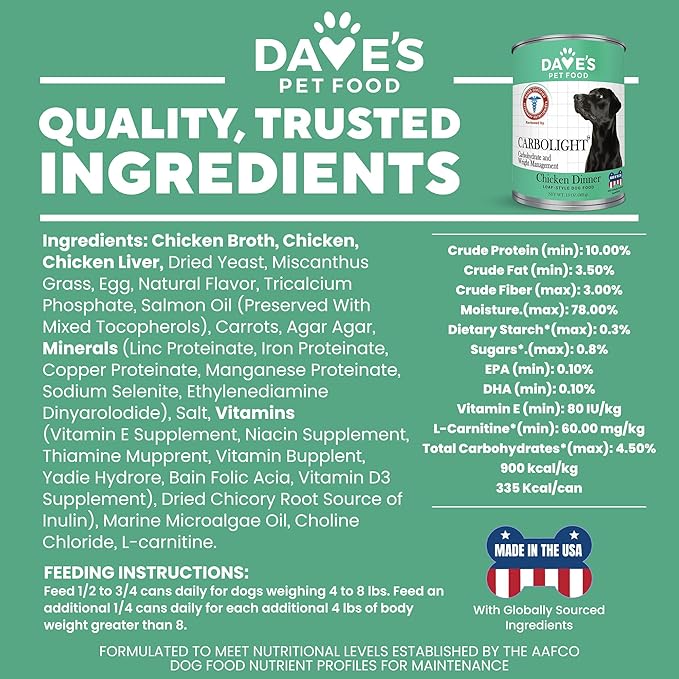 Dave's Pet Food Carbolight Carbohydrate & Weight Management for Diabetic Dogs Canned Dog Food, Chicken Dinner, 13oz can (12 Pack)