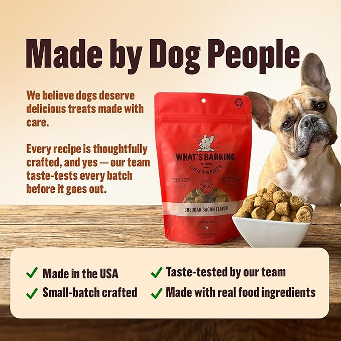 What's Barking Soft Bites, Soft Chewy Dog Treats for Training or Snacking, Pet Essentials, Bite Size Pieces for Dogs, Natural Ingredients, Made in USA, Resealable Bag, Mushroom Mango Flavor, 6 oz
