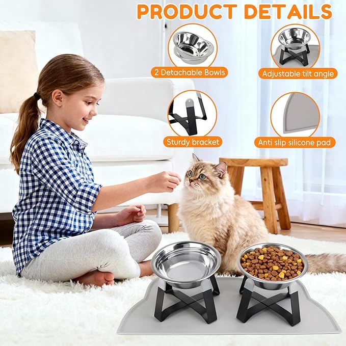 2 Pack Raised Cat Bowls Holder with Non-Slip Mat Stainless Steel Cat Feeder Elevated Pet Water Food Bowls for Cats Puppies Rabbits (Black)