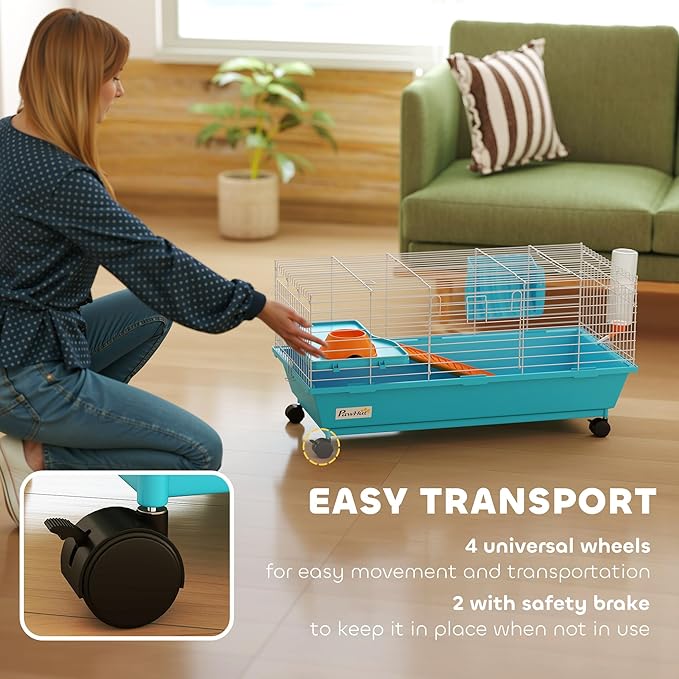 PawHut 35" L Small Animal Cage, Rolling Bunny Cage, Guinea Pig Cage with Food Dish, Water Bottle, Hay Feeder, Platform, Ramp for Chinchilla, Blue