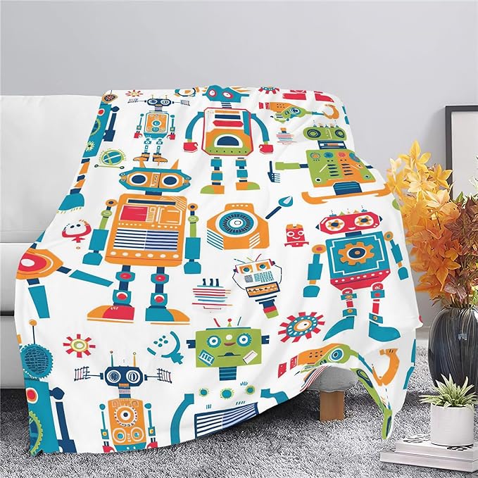Robot Throw Blanket Cartoon Robot Machine Gifts for Kids Teens Girls Boys Adults Soft Cozy Warm Plush Fluffy Fuzzy Fleece Blanket Birthday Festival Decor 50''X60''