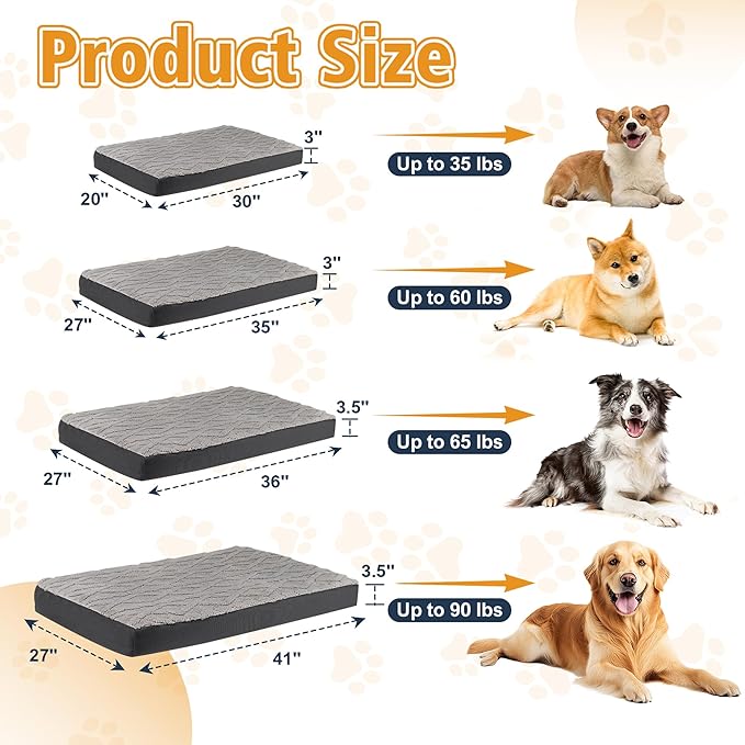 Orthopedic Dog Crate Bed – Waterproof Plush Pet Mattress with Removable Washable Cover, Non-Slip Bottom, Big Memory Foam Dog Bed for Crate, 36x27 Inch, Grey