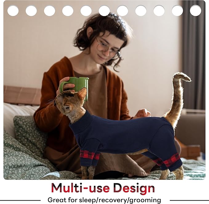 PUMYPOREITY Comfy Cat Pajamas, Versatile Cat Shirt for All-Day Wear, Soft Stretchy Sweater with Back Snap for Easy Wear, Breathable Recovery Suit for Surgery Recovery, L, Blue