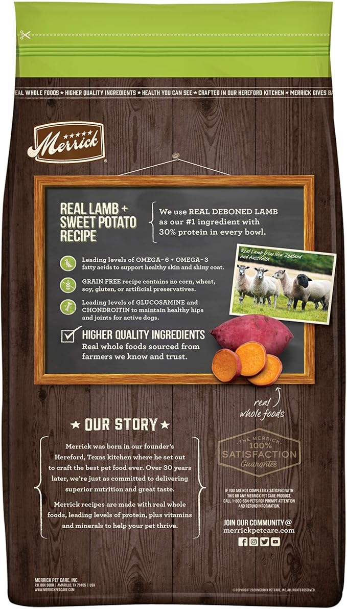 Merrick Premium Grain Free Dry Adult Dog Food, Wholesome And Natural Kibble With Real Lamb And Sweet Potato - 22.0 lb. Bag