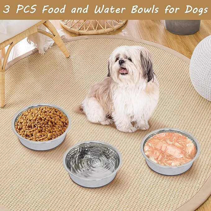 kathson Stainless Steel Dog Bowls 3 PCS Durable Dog Bowls with Rubber Non-Slip Base Cat Dishes for Water and Food Dishwasher Safe for Feeding Small/Medium/Large Sized Pets(8.7in)
