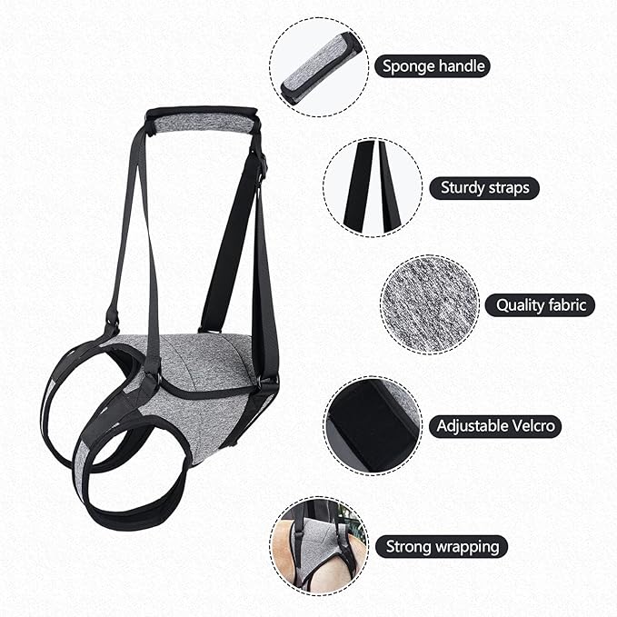 JOHNBOLIN Dog Lift Harness, Dog Sling with Padded, Hind Leg Support to Help Rehabilitate, Helps Senior, Injured, Disabled and After ACL Surgery Dogs (Grey, Large)