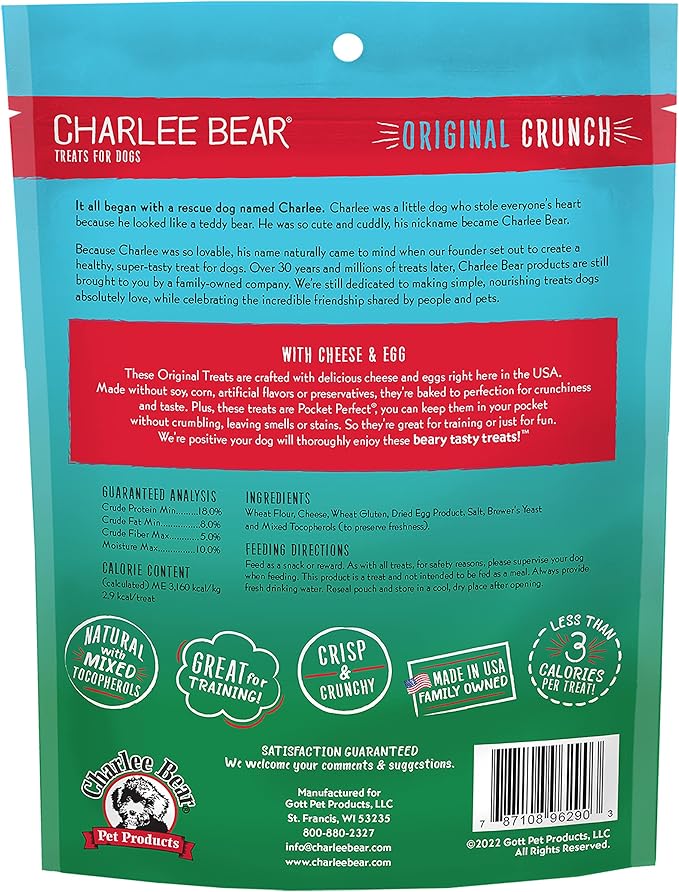 Charlee Bear Original Crunch Dog Treats, Cheese and Egg, 16 Ounce Resealable Bag, Low Calorie Training Treats for Dogs, Limited Ingredient, Healthy, Crunchy Dog Snacks, Made in USA