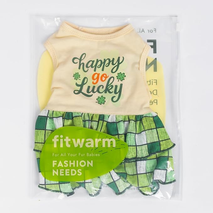 Fitwarm Happy Go Lucky Dog Dress, St Patricks Day Dog Clothes for Small Dogs Girl, Funny Pet Outfit, Green, Light Yellow, Medium