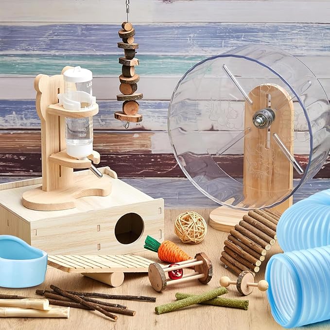 20 Pcs Hamster Toys Set, 16 Small Animal Chewing Toys, Maze Wood House, Silent Exercise Running Wheels and Water Bottle Set Feeding Bowl for Hamster Habitat Rat Cage Accessories (Blue)