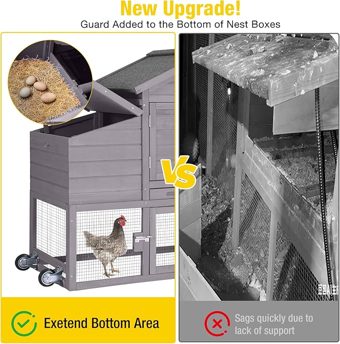 Aivituvin Chicken Coop with Run and Wheels, Mobile Outdoor Hen House Wooden Poultry Cage with Waterproof Roof (Grey, AIR23)