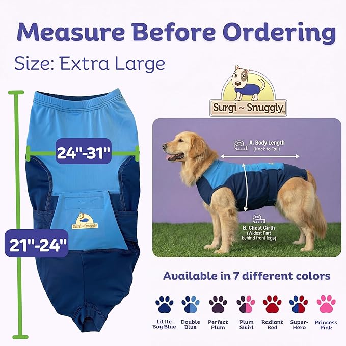 Surgi Snuggly Dog Surgery Recovery Suit - Dog Onesie for Post Surgery Recovery, Female Spay & Male Neuter - Surgical Suit for Dogs, E-Collar Cone Alternative, Double Blue - X-Large - 21" - 24" (EC)