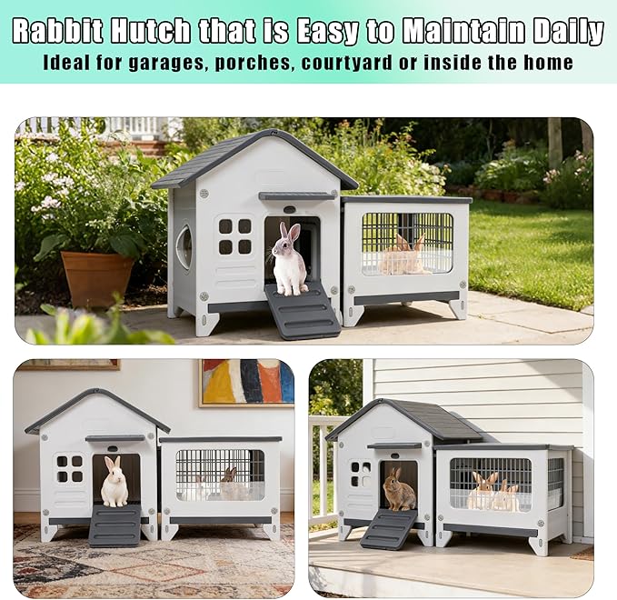 Rabbit Hutch Indoor & Outdoor with Extended Play Area, Plastic Rabbit Hutch with Sloped Roof Drainage, Panoramic Windows, Urine Barrier & Pull-Out Tray, Rabbit Cage Easy to Clean and Assemble
