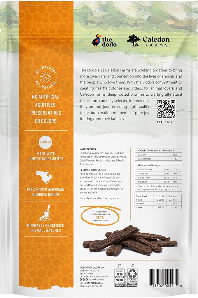 Caledon Farms The Dodo Classic Jerky - Bacon & Pork Recipe 7.8oz, Dog Treats, Jerky