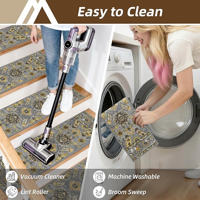 COSY HOMEER-Stair-Treads-for-Wooden-Steps Washable Indoor Carpet Stair Treads Non Slip 8" X 30" Soft Stair Carpet Treads Reusable Peel and Stick Stair Runner Rug for Kids, Elders and Pets 4pcs