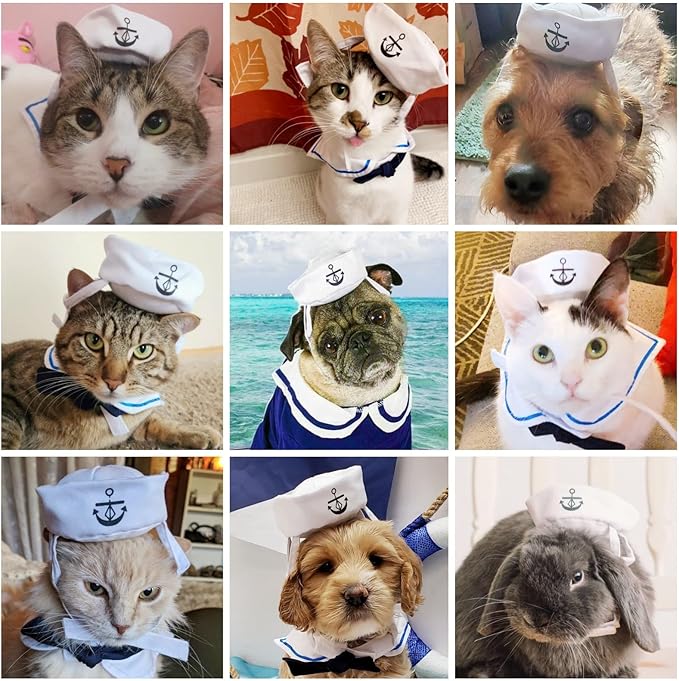 NAMSAN Pet Sailor Costume for Cats Small Dogs, Cat Halloween Costumes, Small Dog Sailor Outfit, Cat Sailors Hat with Tie Collar, Pet Navy Costume for Kitten Puppy Statue Decoration