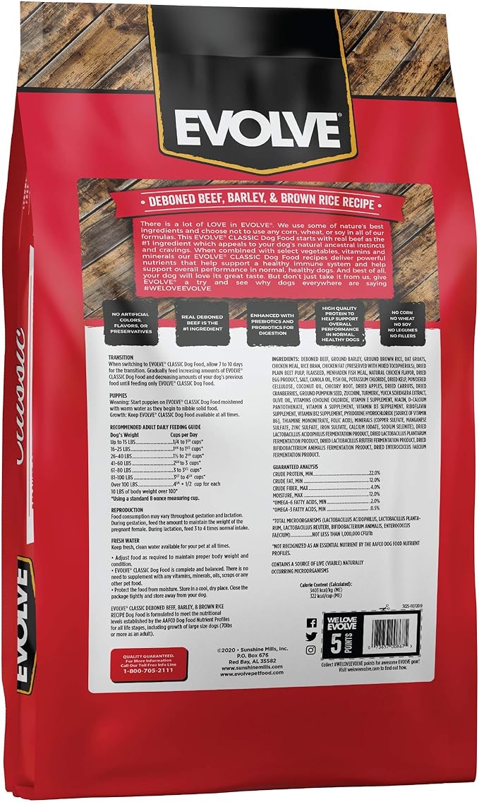 Evolve Classics Deboned Beef, Barley and Bison Recipe Dog Food, 15 Pound