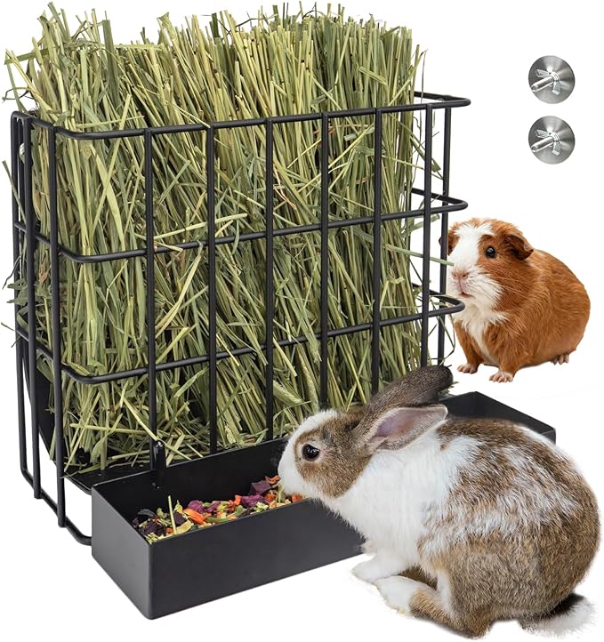 BESNEW 2 in 1 Rabbit Hay Feeder with Food Box,Upgraded Metal Guinea Pig Hay Feeder Hay-Leak Proof Bottom,Easy to Install,Bunny Supplies for Rabbit Guinea Pig Chinchilla Small Animals