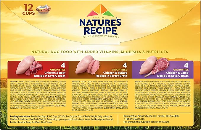 Nature's Recipe Grain Free Wet Dog Food Variety Pack, Chicken Recipes with Beef, Turkey & Lamb in Savory Broth, 2.75 oz. Cups (Pack of 24), 2 Count