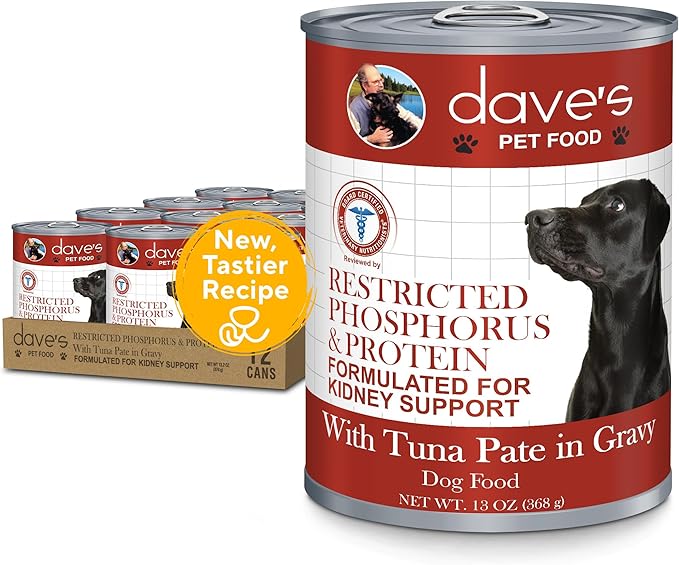 Dave's Pet Food Kidney Care Dog Food (Tuna Pate), NEW Recipe! Wet Renal Dog Food, Low Phosphorus, Renal Kidney Support, Vet Formulated, 13 oz, (12 Pack)